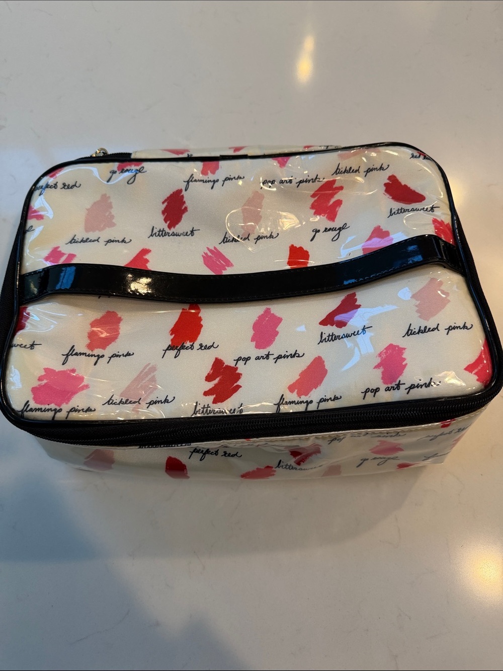 kate spade White Vinyl Cosmetic Case with Pink & Red Lip Prints